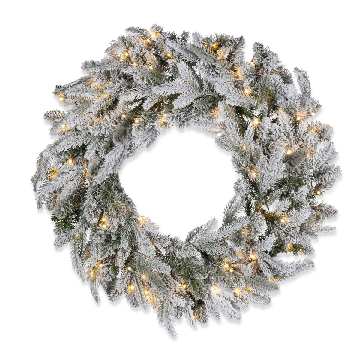 30 in Pre-Lit Natural Cut Flocked Spruce Wreath with 100 Warm White LED Lights