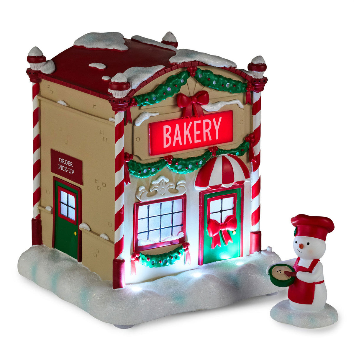 Magic Snowman Village Musical Bakery and Baker Tabletop Decorations With Light, Set of 2