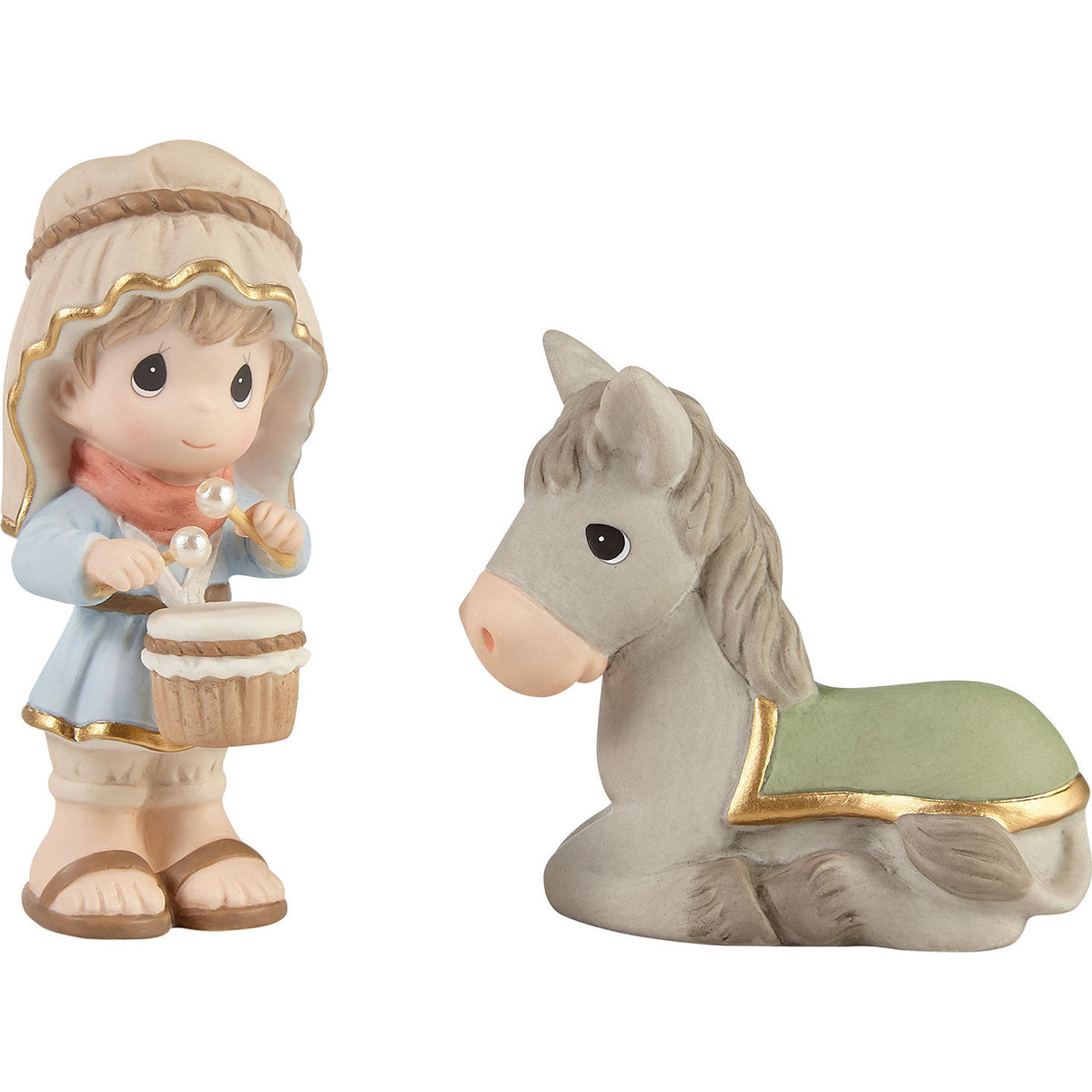 Precious Moments Little Drummer Boy and Donkey Figurines, Set of 2