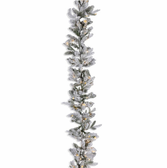 9 ft Pre-Lit Natural Cut Flocked Spruce Garland with 100 Warm White LED Lights