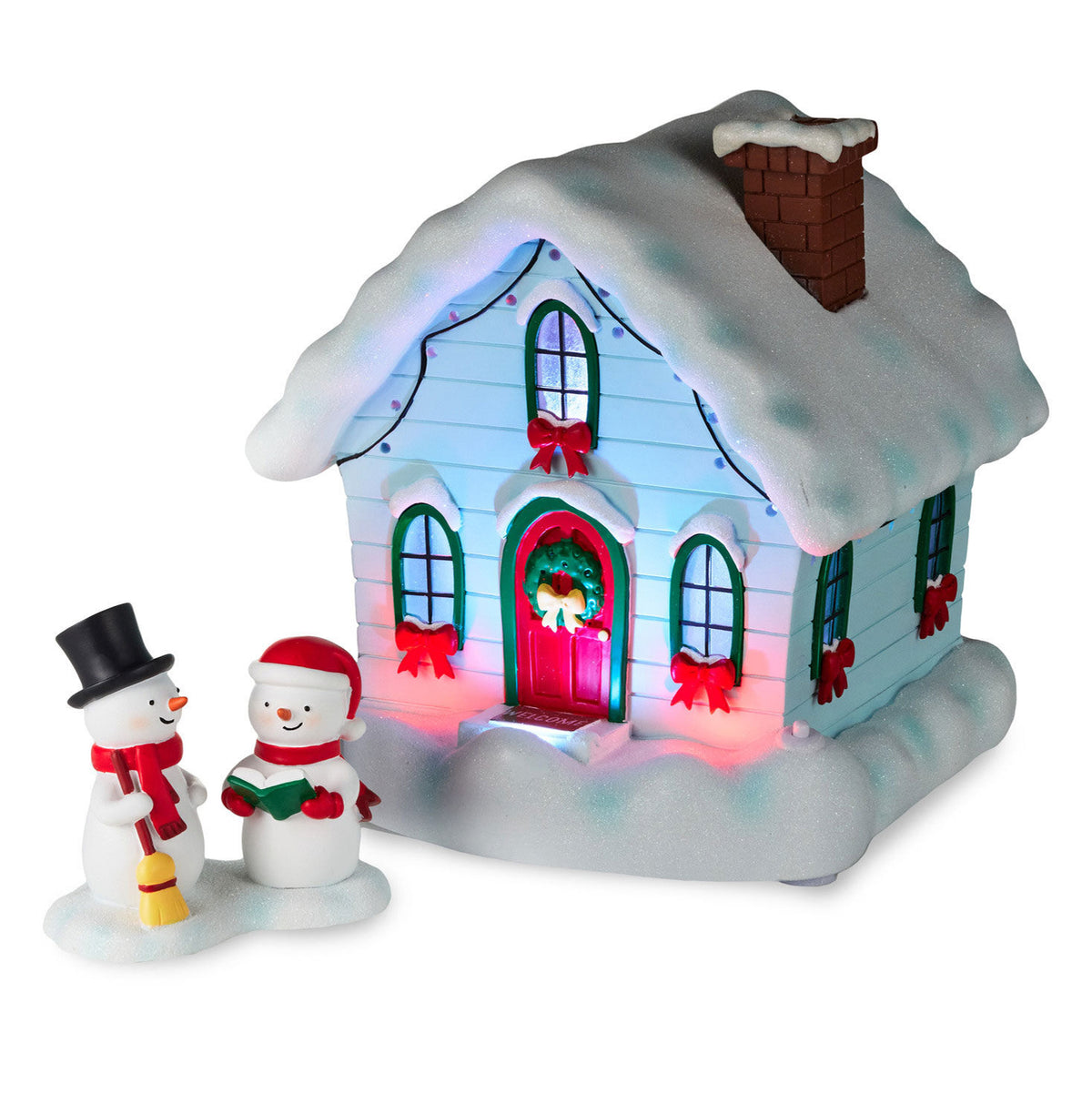 Magic Snowman Village Musical Christmas House and Carolers Tabletop Decorations With Light, Set of 2
