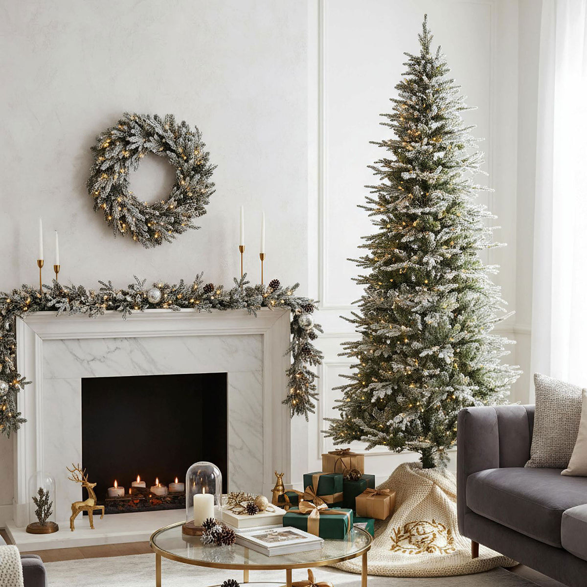 7.5 ft Pre-Lit Natural Cut Flocked Spruce Christmas Tree with 500 Warm White LED Lights and 2270 Tips