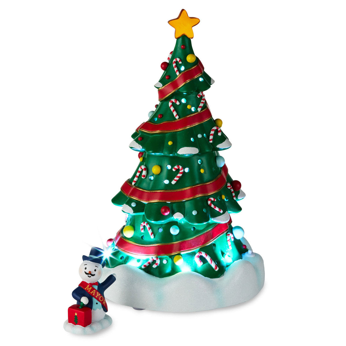 Magic Snowman Village Musical Christmas Tree and Mayor Tabletop Decorations With Light, Set of 2