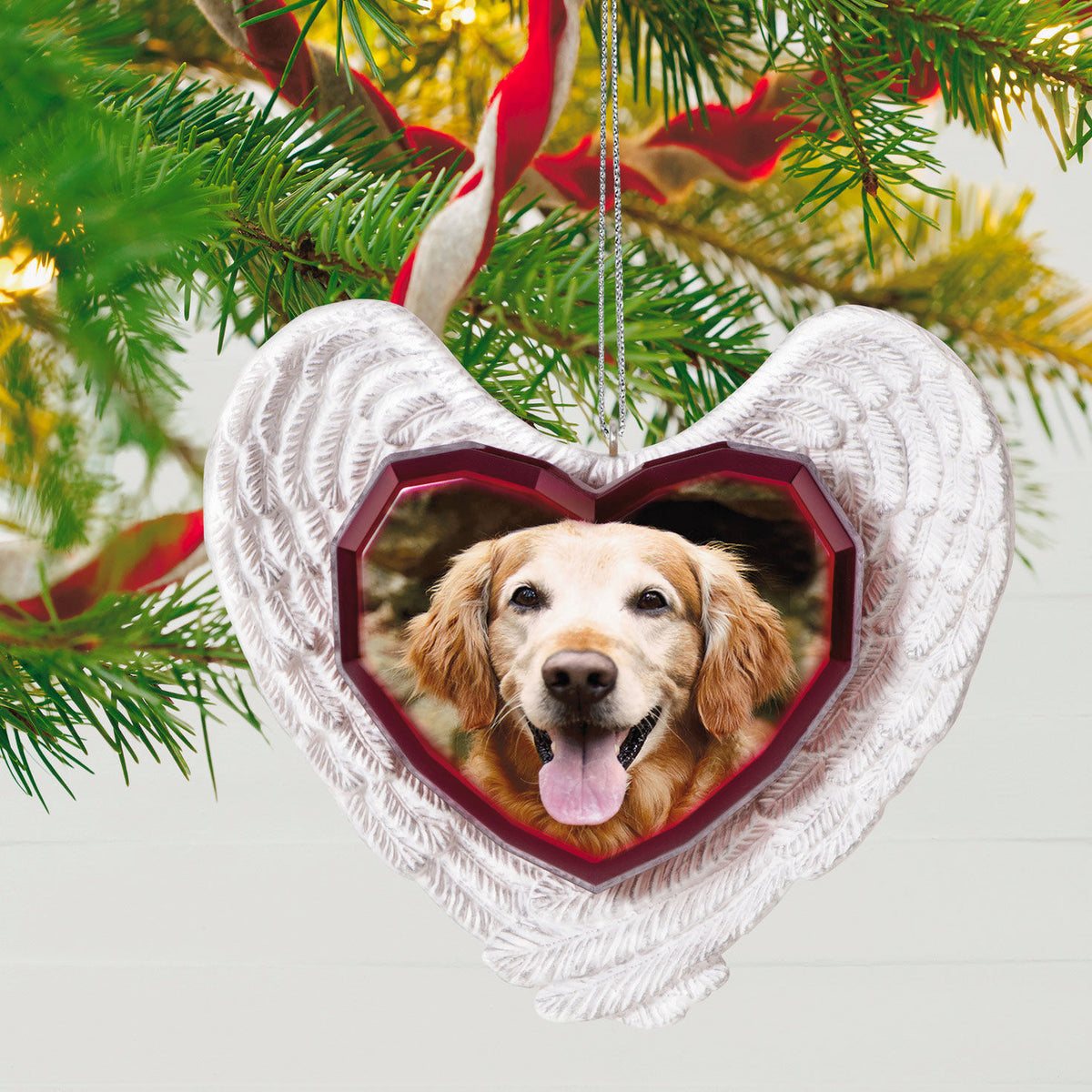 Forever Loved Memorial Heart and Angel Wings Personalized Ornament, Custom Photo