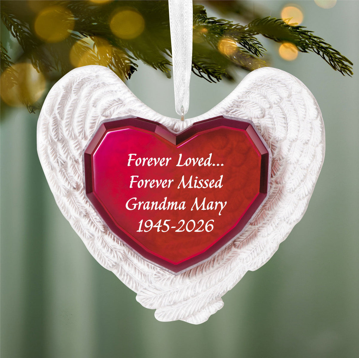 Forever Loved Memorial Heart and Angel Wings Personalized Ornament, Custom Text