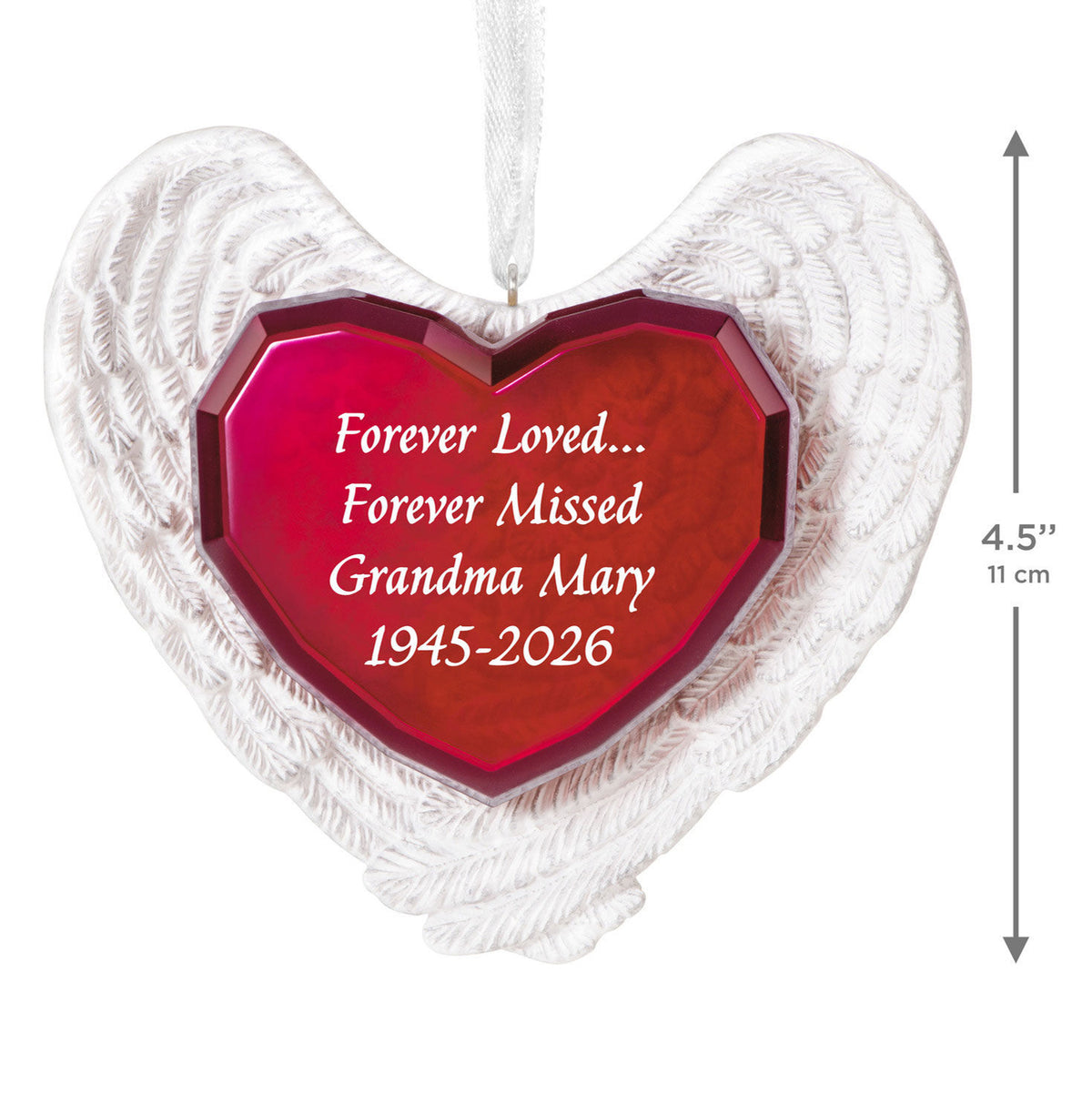 Forever Loved Memorial Heart and Angel Wings Personalized Ornament, Custom Text